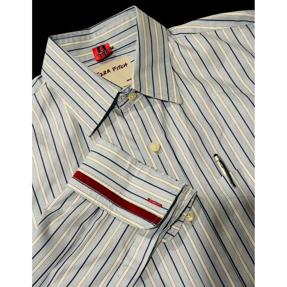 Ezra Fitch Shirt Men XL Blue White‎ Stripe Flip Cuff Red Abercrombie Cotton EUC